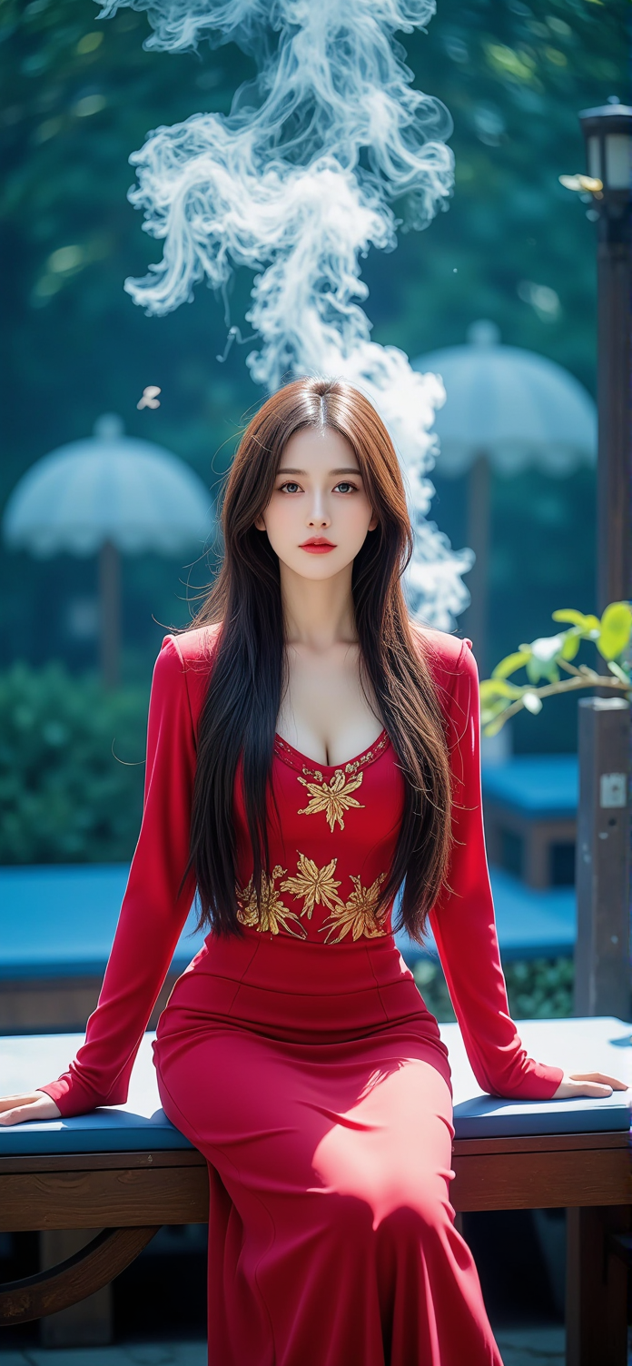 穿红色裙子后方冒烟的氛围感ai美女手机壁纸