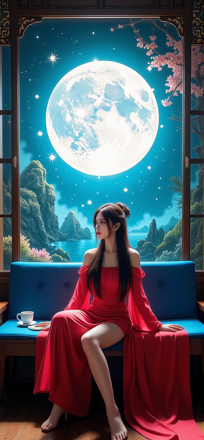 AI绘画唯美月球背景下的红衣美腿美女手机壁纸