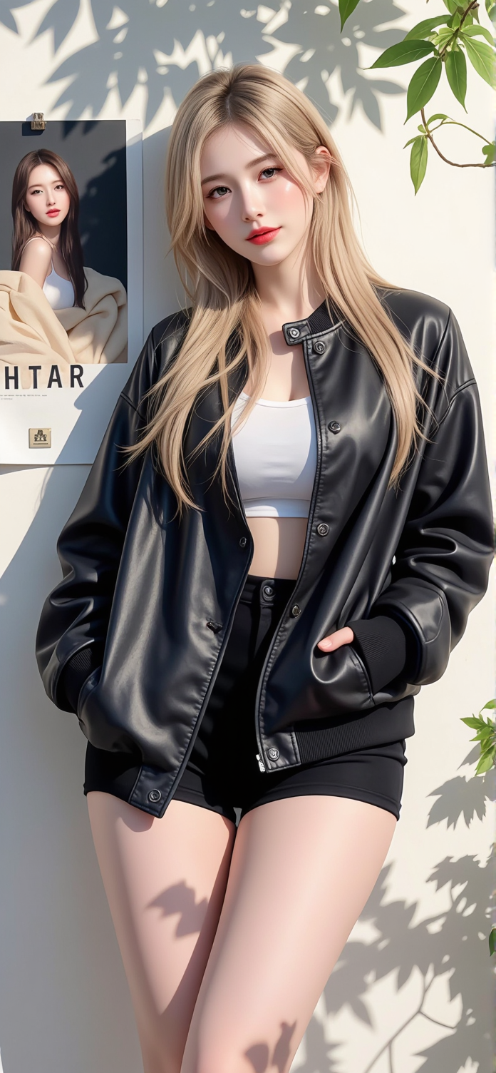 靠着墙穿黑色皮衣的美腿高颜值美女手机壁纸