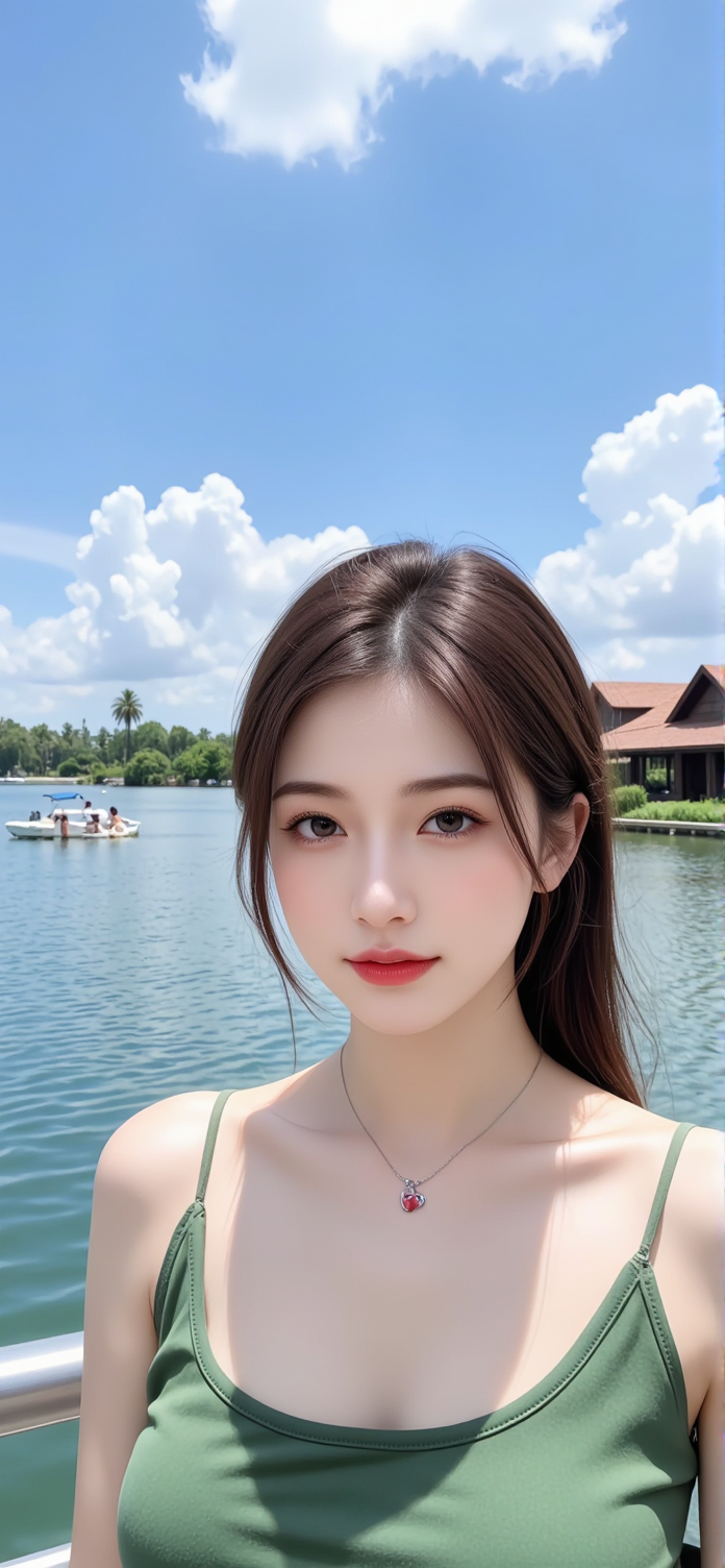 湖边吊带美女户外写真手机壁纸