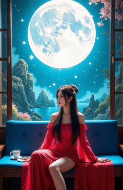 AI绘画唯美月球背景下的红衣美腿美女手机壁纸