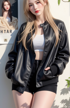 靠着墙穿黑色皮衣的美腿高颜值美女手机壁纸