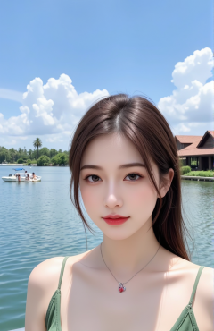 湖边吊带美女户外写真手机壁纸